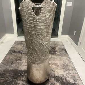 Allsaints beading on silk t shirt style event dress mushroom colour size 0